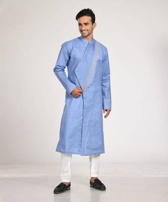 Blue Asymmetrical Pleated Kurta With Chus Pajama Set 2