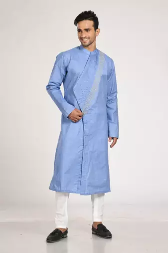 Blue Asymmetrical Pleated Kurta With Chus Pajama Set