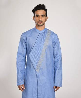 Blue Asymmetrical Pleated Kurta With Chus Pajama Set 3