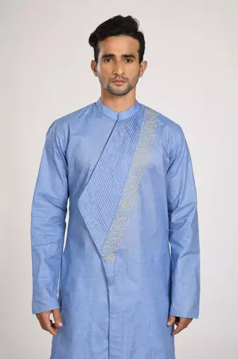 Blue Asymmetrical Pleated Kurta With Chus Pajama Set