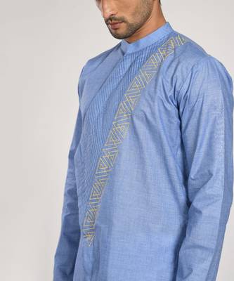 Blue Asymmetrical Pleated Kurta With Chus Pajama Set 4