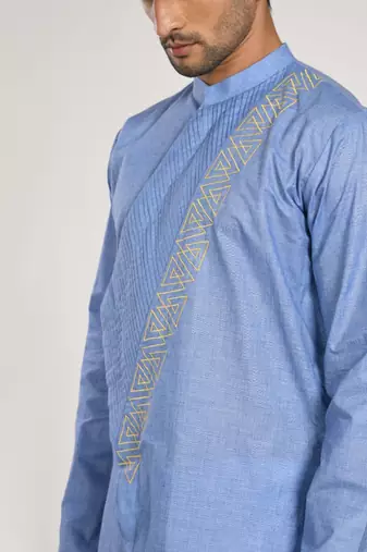 Blue Asymmetrical Pleated Kurta With Chus Pajama Set