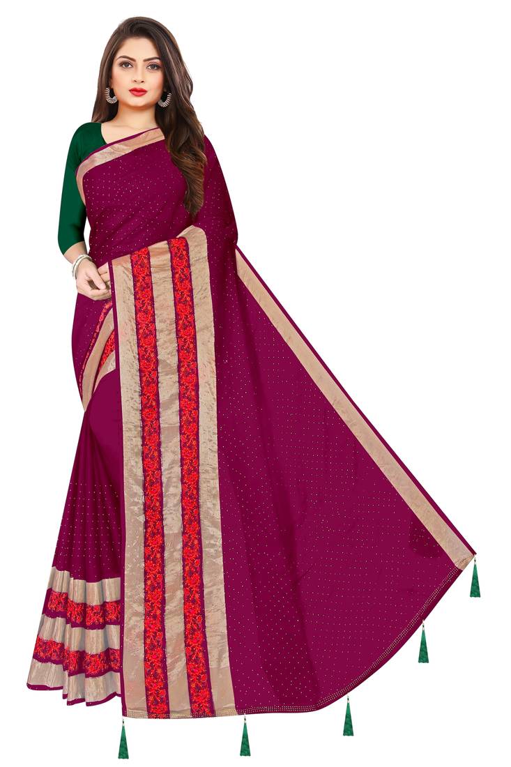 Pink Swarovski Work Chiffon jacquard Embroidered Saree with Blouse