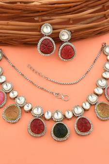 Silver Tone Kundan Necklace Sets With Multicolor Stone