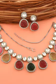 Silver Tone Kundan Necklace Sets With Multicolor Stone