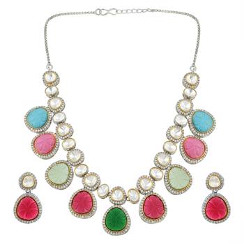 Silver Tone Kundan Necklace Sets With Multicolor Stone 2