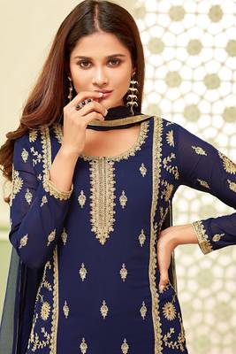 Blue Embroidered Georgette Salwar Up To 42" Size 2