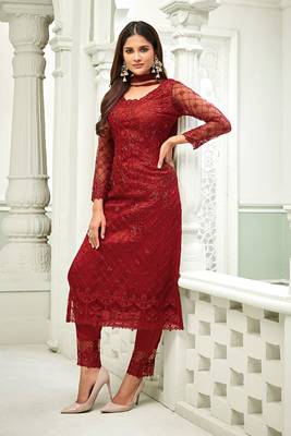 Red Embroidered Georgette Salwar Up To 42" Size 1