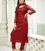 Red Embroidered Georgette Salwar Up To 42" Size