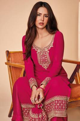 Red Embroidered Georgette Salwar Up To 42" Size 2