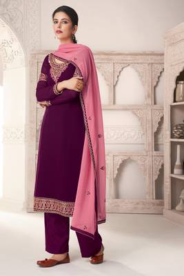 Wine Embroidered Georgette Salwar Up To 42" Size 1