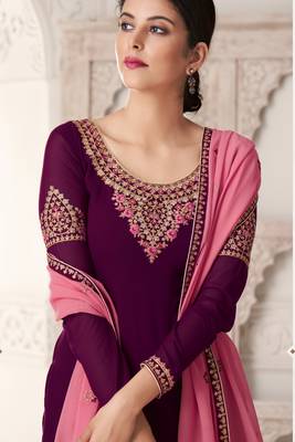 Wine Embroidered Georgette Salwar Up To 42" Size 2