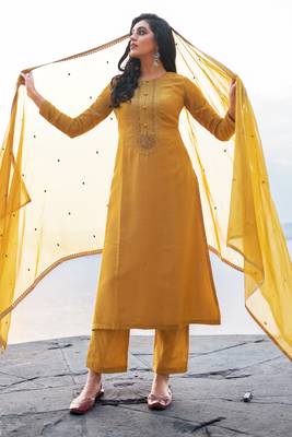 Mustard Embroidered Cotton Silk Salwar Free size full stitched Up To 42" Size 1