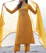 Mustard Embroidered Cotton Silk Salwar Free size full stitched Up To 42" Size