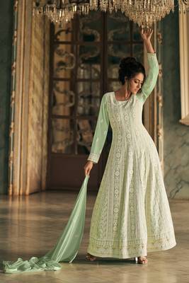 Light-Green Embroidered Georgette Salwar Free size full stitched Up To 42" Size 1
