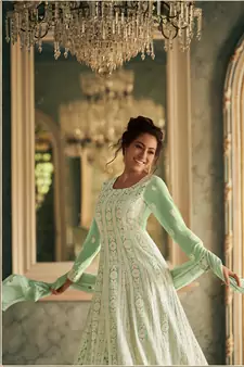 Light-Green Embroidered Georgette Salwar Free size full stitched Up To 42" Size