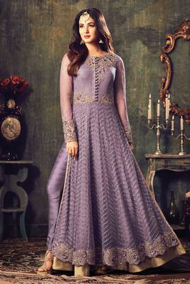 Purple Embroidered Georgette Salwar Up To 42" Size 1