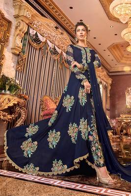Navy-Blue Embroidered Georgette Salwar Free size full stitched Up To 42" Size 1