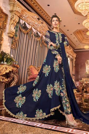 Navy-Blue Embroidered Georgette Salwar Free size full stitched Up To 42" Size