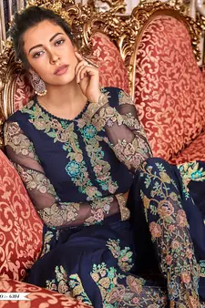 Navy-Blue Embroidered Georgette Salwar Free size full stitched Up To 42" Size