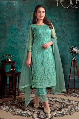 Green Embroidered Net Salwar Up To 42" Size 1