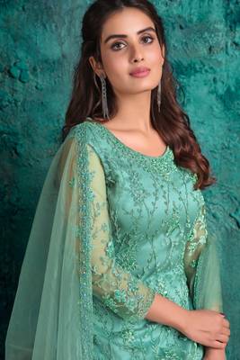 Green Embroidered Net Salwar Up To 42" Size 2