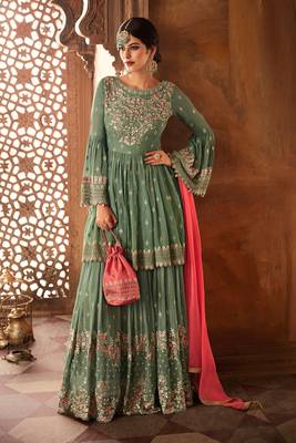 Green Embroidered Georgette Salwar Free size full stitched Up To 42" Size 1