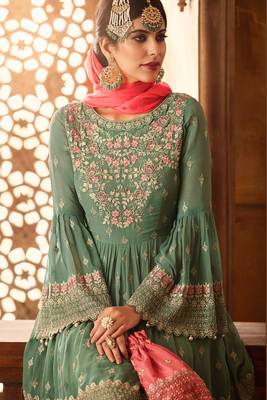Green Embroidered Georgette Salwar Free size full stitched Up To 42" Size 2