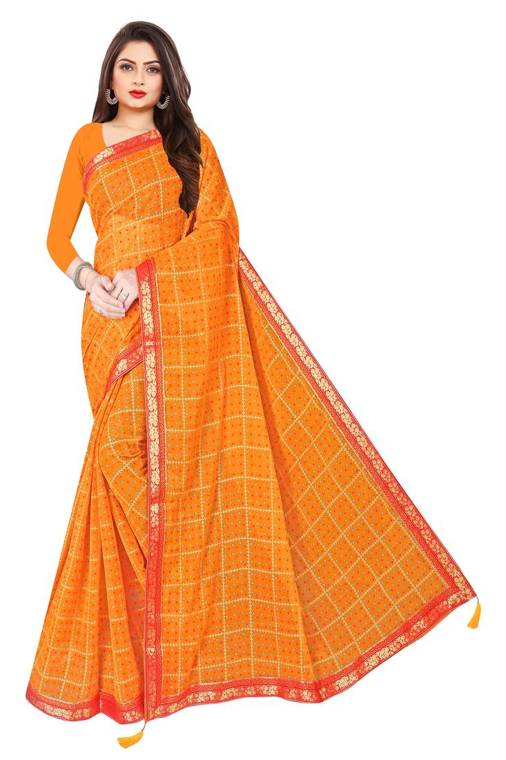 Yellow Print Chiffon Foil Saree with Blouse