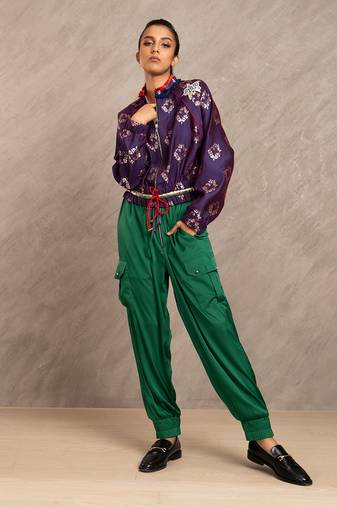 Blue & Red Brocade Polly Bomber Jacket