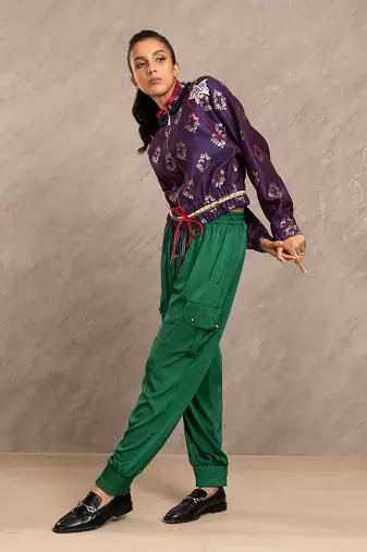 Blue & Red Brocade Polly Bomber Jacket