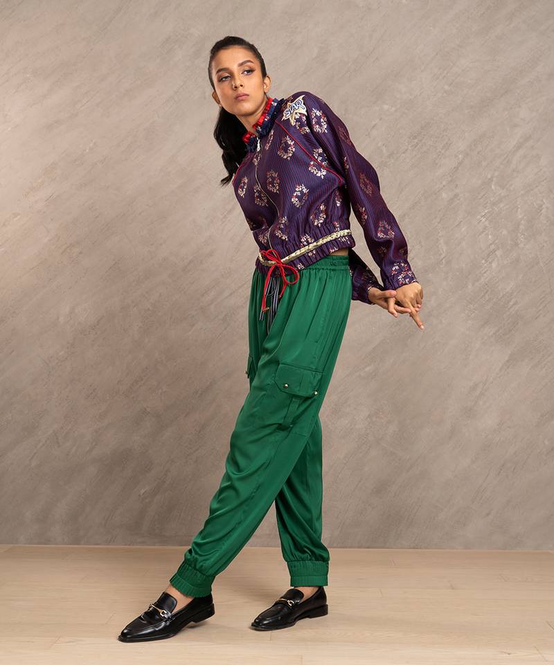 Blue & Red Brocade Polly Bomber Jacket