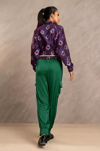 Blue & Red Brocade Polly Bomber Jacket