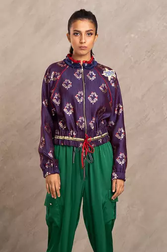 Blue & Red Brocade Polly Bomber Jacket