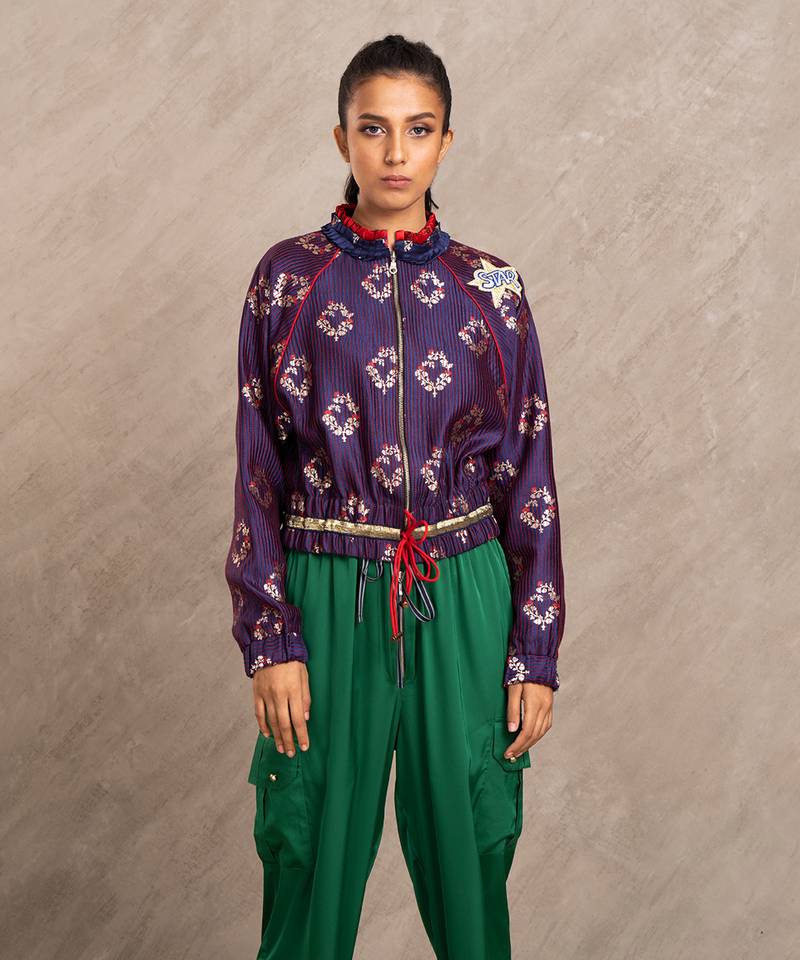 Blue & Red Brocade Polly Bomber Jacket