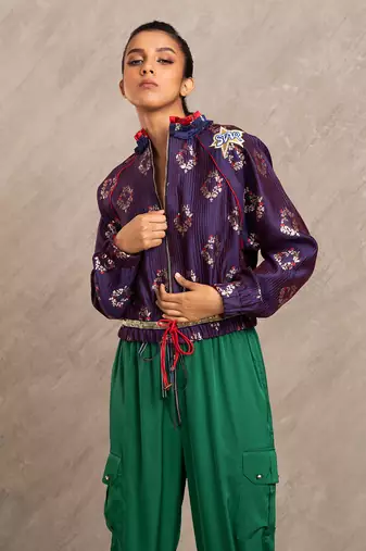 Blue & Red Brocade Polly Bomber Jacket