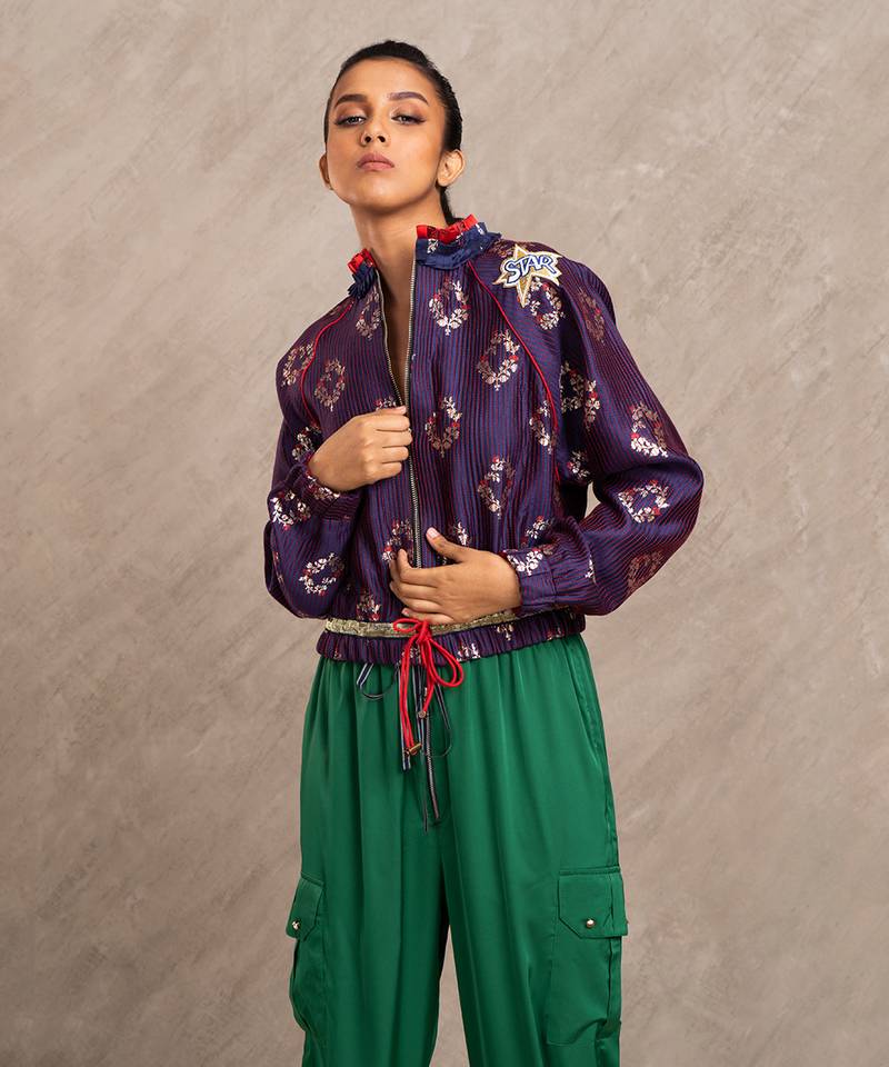 Blue & Red Brocade Polly Bomber Jacket