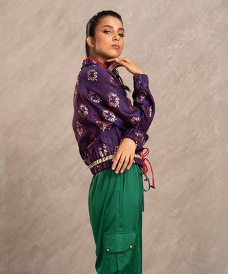 Blue & Red Brocade Polly Bomber Jacket 6