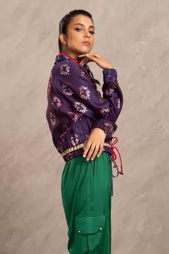 Blue & Red Brocade Polly Bomber Jacket