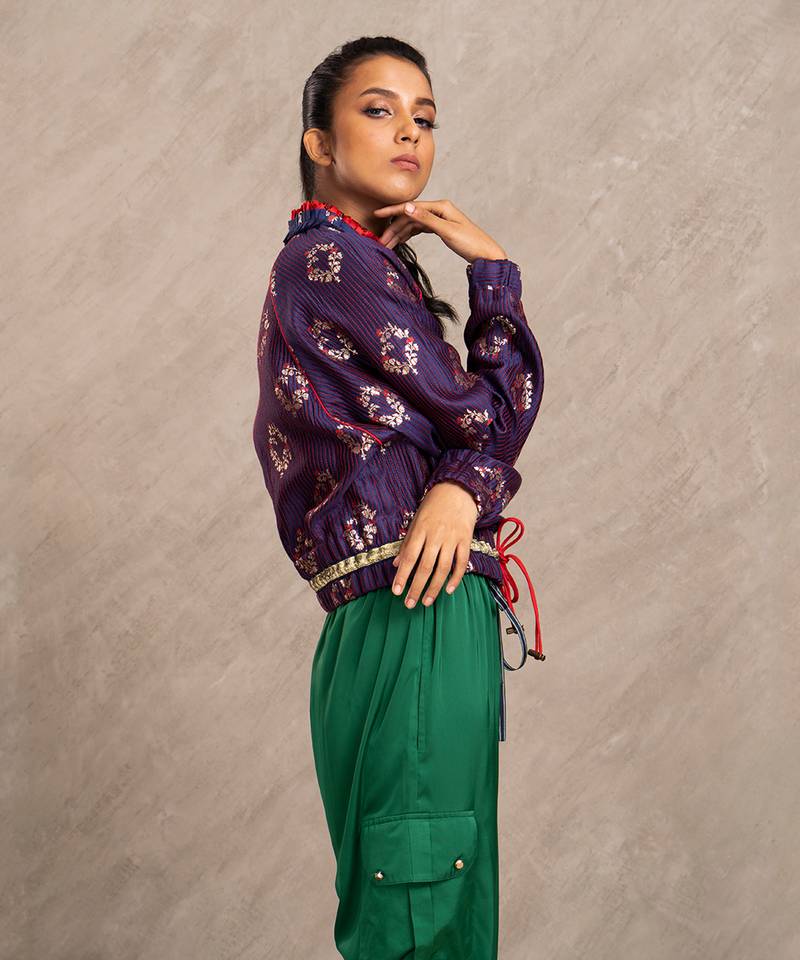 Blue & Red Brocade Polly Bomber Jacket