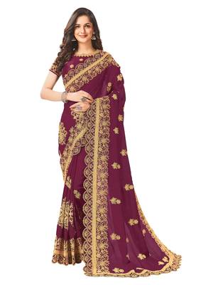 Purple Designer Embroidered Silk Blend Festive-Sarees With Silk Blouse 1