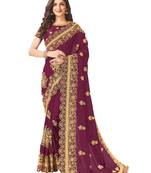 Purple Designer Embroidered Silk Blend Festive-Sarees With Silk Blouse