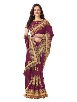 Purple Designer Embroidered Silk Blend Festive-Sarees With Silk Blouse 2
