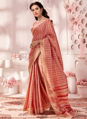 Peach Printed Silk Blend Saree With Blouse 1