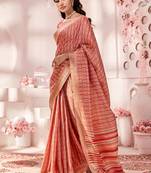 Peach Printed Silk Blend Saree With Blouse