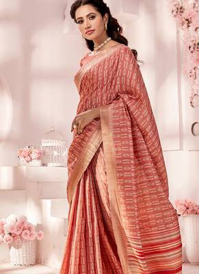 Peach Printed Silk Blend Saree With Blouse 2