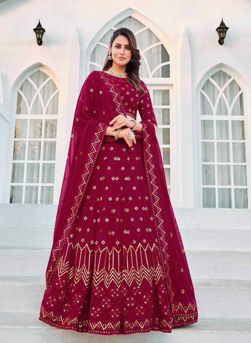 RANI PINK THREAD AND SEQUINS EMBROIDERED GEORGETTE FESTIVE & PARTY WEAR SEMI STITCHED LEHENGA