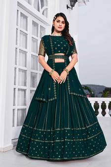 TEAL GREEN THREAD AND SEQUINS EMBROIDERED GEORGETTE FESTIVE & PARTY WEAR SEMI STITCHED LEHENGA