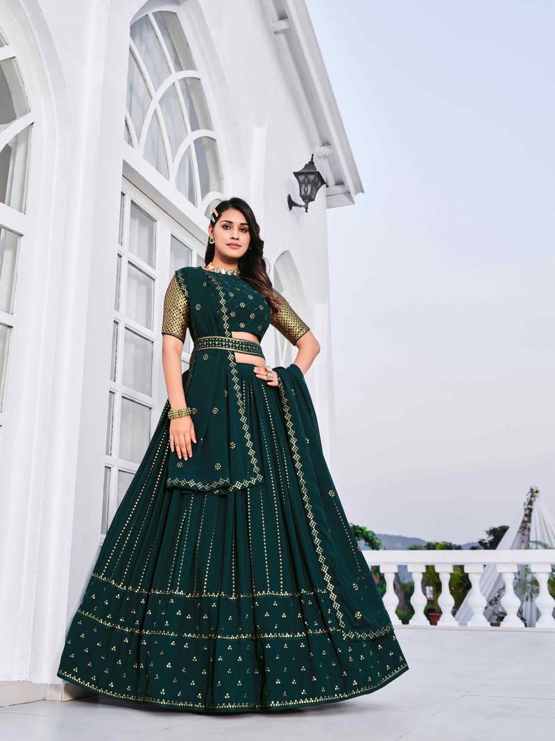 TEAL GREEN THREAD AND SEQUINS EMBROIDERED GEORGETTE FESTIVE & PARTY WEAR SEMI STITCHED LEHENGA