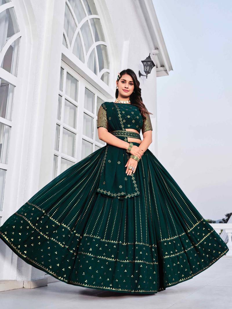 TEAL GREEN THREAD AND SEQUINS EMBROIDERED GEORGETTE FESTIVE & PARTY WEAR SEMI STITCHED LEHENGA
